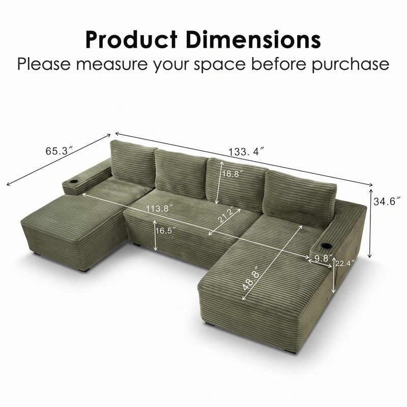 Anpport 133" Boneless Cloud Modular Sectional Couch, Corduroy Sofa with Cup Holders, Side Pockets, Deep Seat, No Assembly Required for Living Room, Green (U‑Shaped)