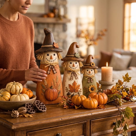 Set of 3 Vintage Wooden Scarecrow Fall Decor Set, Rustic Wood Thanksgiving Table Decor Figurines, Farmhouse Autumn Ornament for Mantel Windowsill Display