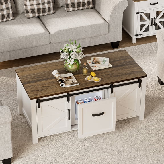 BROTTAR Coffee Table with Fridge (Fridge Included), Farmhouse Coffee Table with Sliding Barn Door, Rustic Center Table with Adjustable Shelf, Antique White