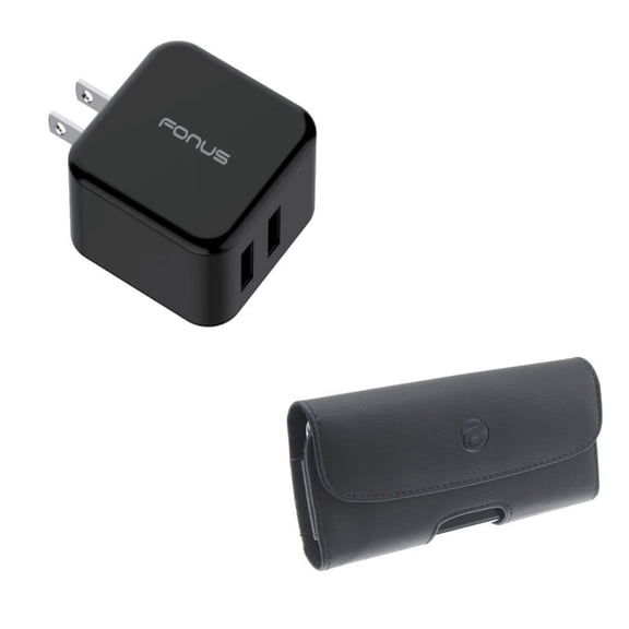 Black Horizontal Leather Case w 30W Adaptive Fast 2-Port Home Wall Plug Travel USB Charger D9K Compatible With Google Pixel 3a XL