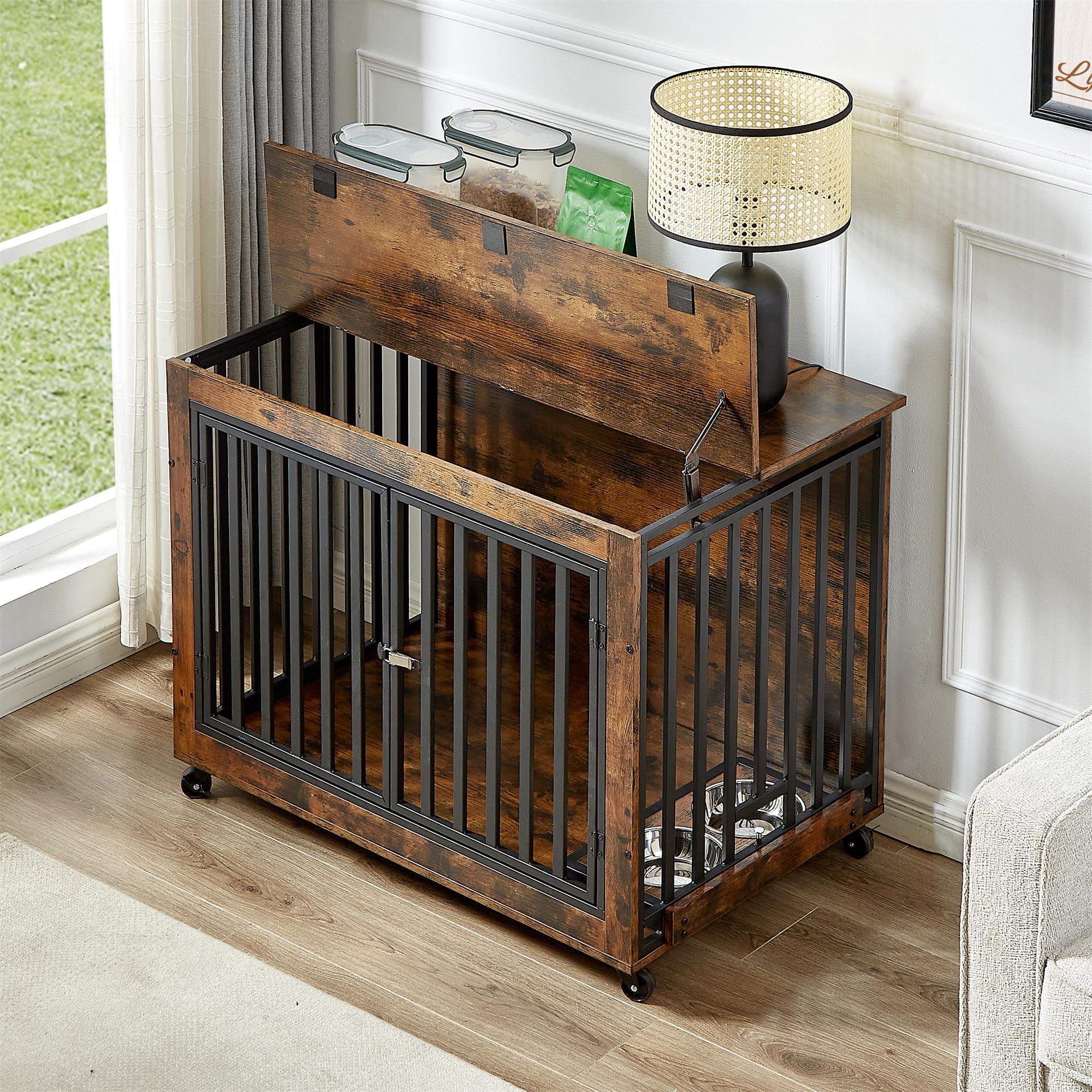 Pefilos 38" Furniture Style Dog Crate with Feeding Bowl, Wheels, Three Doors Kennel, Indoor Dog Cage Flip-Up Top Opening, Brown Pefilos 38" Furniture Style Dog Crate with Feeding Bowl, Wheels, Three Doors Kennel, Indoor Dog Cage Flip-Up Top Opening, Brown