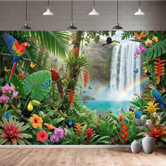 7x5ftTropical Rainforest Waterfall Backdrop, Jungle Parrot Bird Photography Background with Rainbow, Hawaiian Luau Party Decor for Kids Birthday, Baby Shower, Cake Table Photo Booth Props