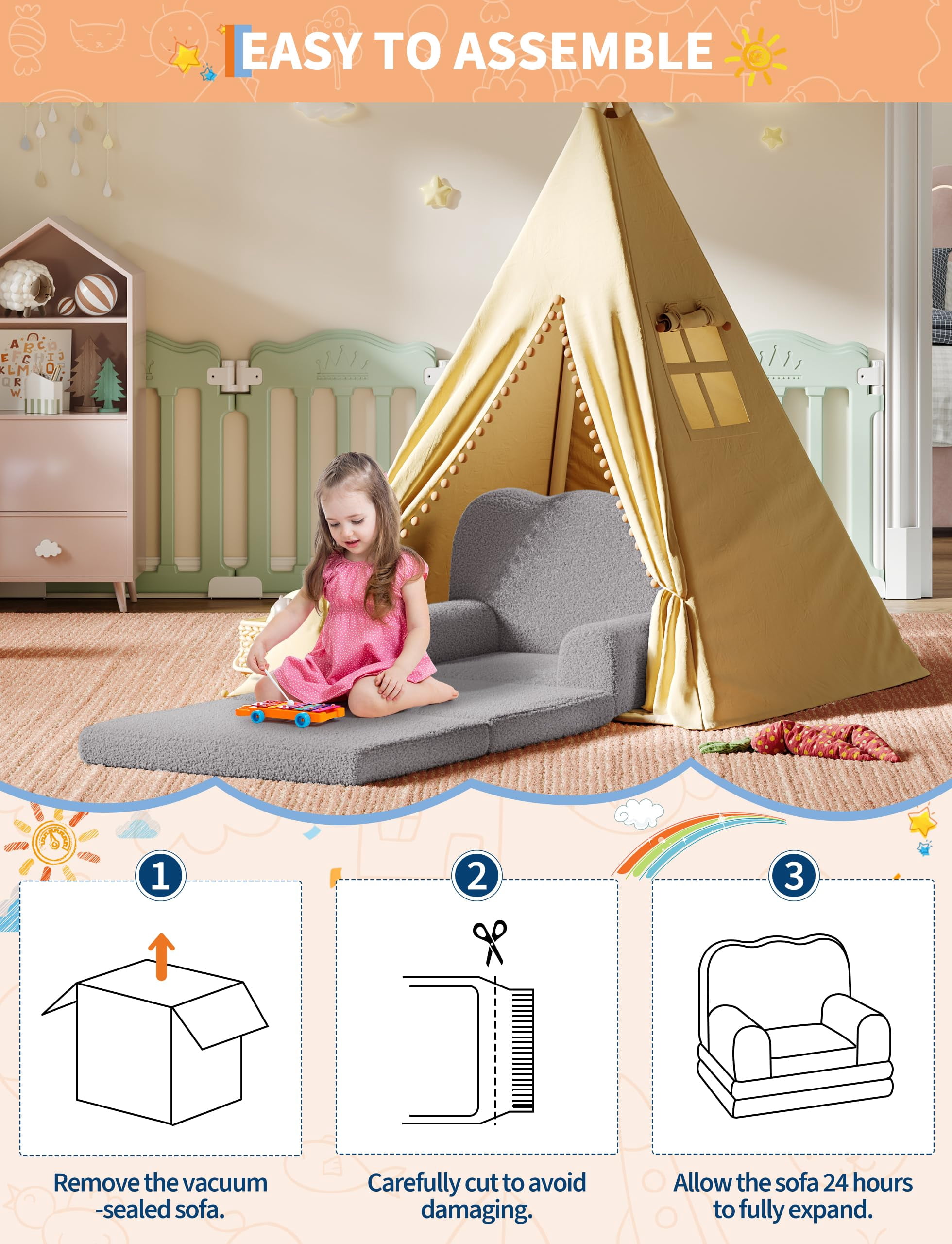 Kojooin Kids Couch, 2-in-1 Convertible Teddy Fleece Fabric Toddler Sofa Chair, Soft Fold Out Couch Lounger for Kids, Comfy Children's Sofa Bed for Playroom, Nursery, Birthday Gift