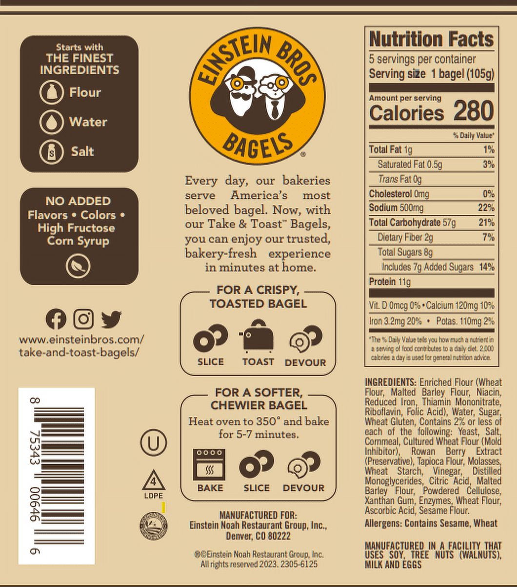 Einstein Bros Bagels Take & Toast, Plain Bagel, 5 Count, 18.5oz Bag