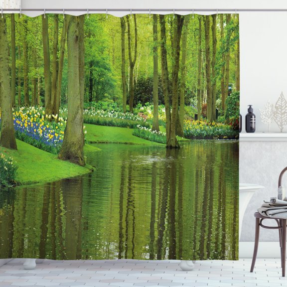 Ambesonne Nature Shower Curtain, Forest with Lake Botany, 69"Wx84"L, Fern and Lime Green