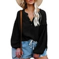 thumbnail image 1 of Camisa de manga de globo con cuello en V para mujer, camisa holgada informal con escote en V profundo, Camisa de algodón de manga larga con farol de un solo pecho, Jersey, Top, 1 of 6