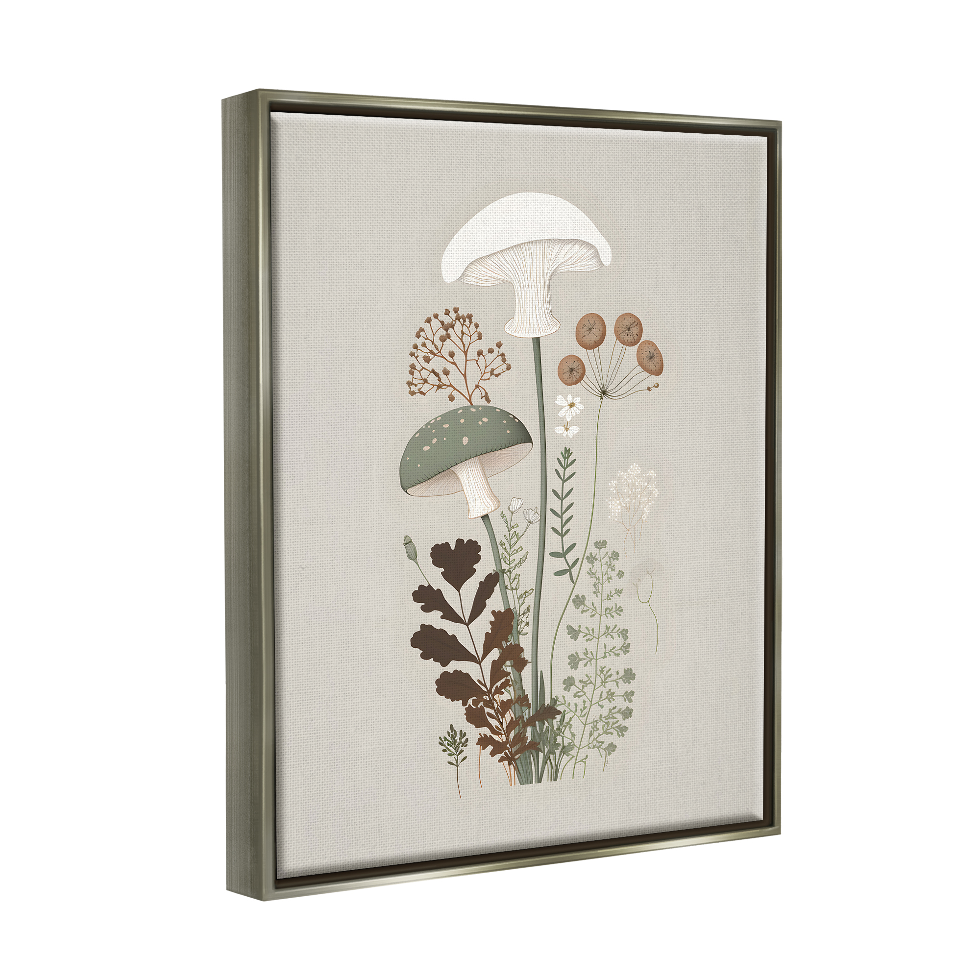 Stupell Industries Soft Mushrooms on Grey Botanical & Floral Painting Gray Floater Framed Canvas Art Print Wall Art, 17 x 21