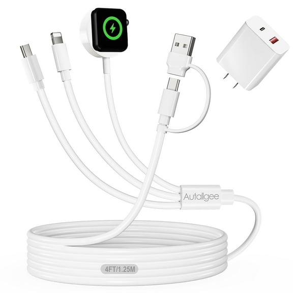 3-in-2 Multi charging cable compatible with iWatch Ultra/SE/Series 10/9/8/7/6/5/4/3/2/1 & iPhone 16/15/14/13/12, Galaxy S25/S24 （4FT/1.2M）Portable Travel Charging Cord