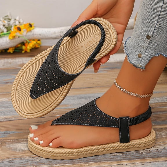 YgkuHd Women's Casual Flat Sandals Perforated Floral Upper Toe Post Style Elastic Ankle Strap Espadrille Sole Black,8.5