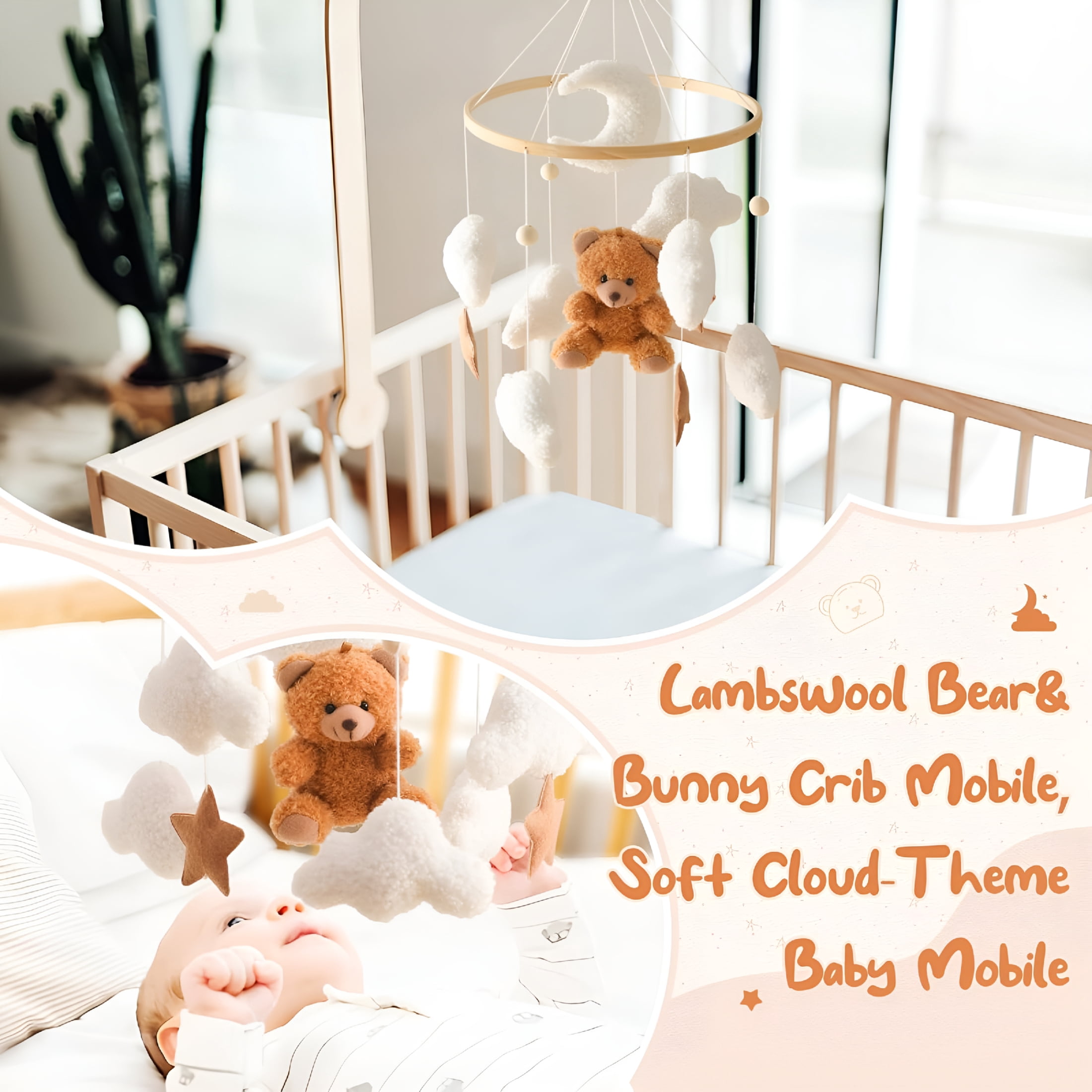 BESTSKY Baby Mobile for Crib Bear Cloud Crib Mobile Handmade Furry Nursery Mobile Gender Neutral Crib Toy Hanging for Nursery Decor Accessories
