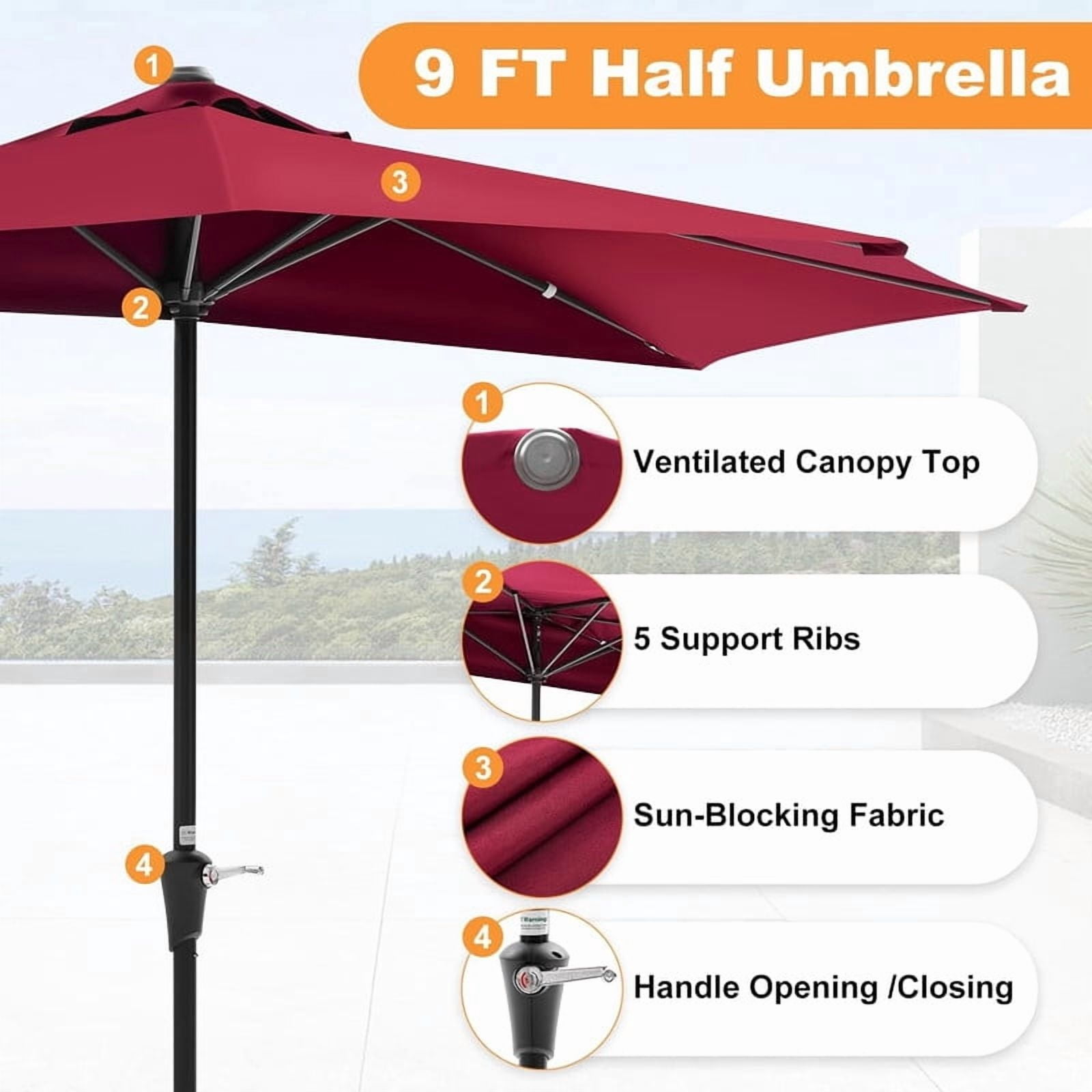 Simenmax 9 FT Half Umbrella Outdoor Patio, Scalloped Half Umbrella with Crank, Space-Saving Design for Poolside, Terrace,Red
