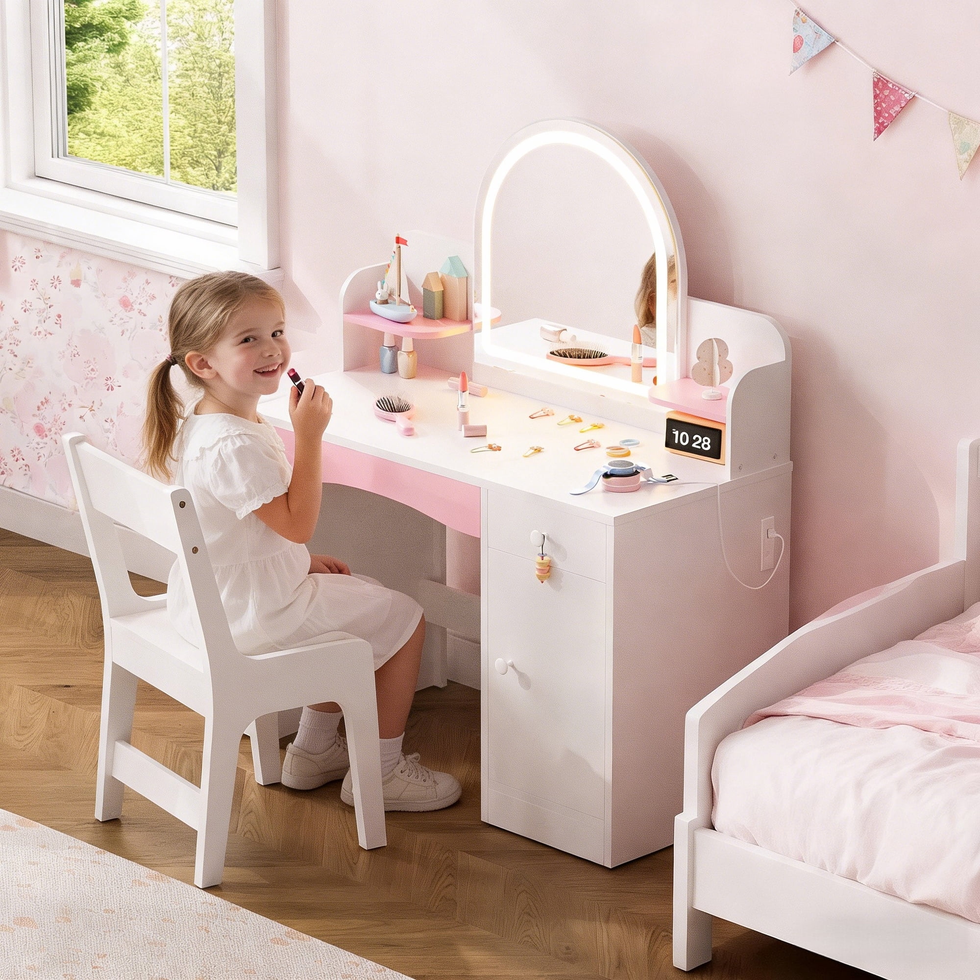 Haewon 35" Kids White Vanity with Lighted Mirror & Charging Station, Kids Vanity Table and Chair Set with Storage Cabinet & Drawers, Vanity for Kids, White