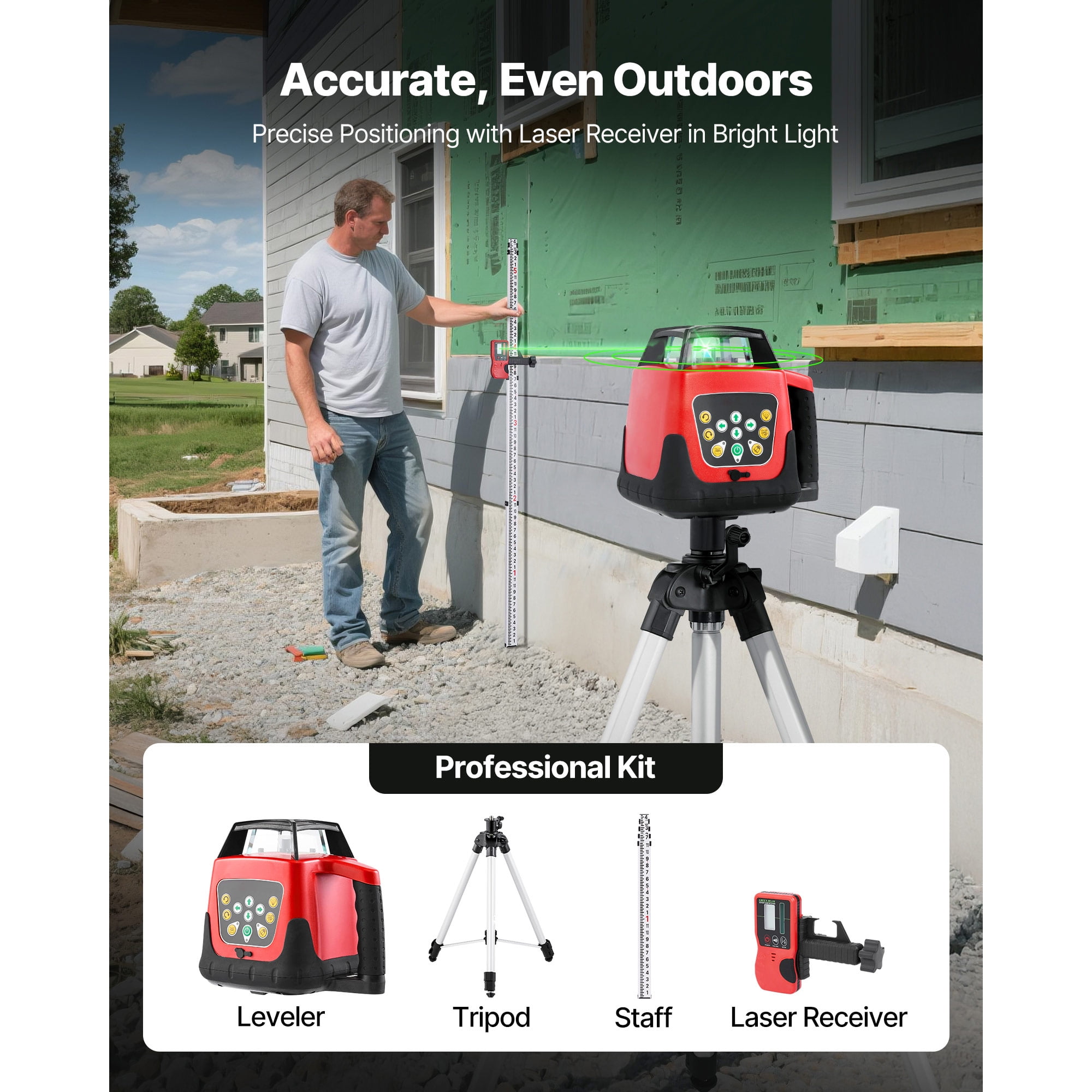 KFFKFF Rotary Laser Level Kit, 2000ft 360-Degree Self-Leveling Green Horizontal Laser with Tripod, Receiver, Remote, Scale, Carrying Case, IP66 Waterproof, 0.80in/100ft Accuracy