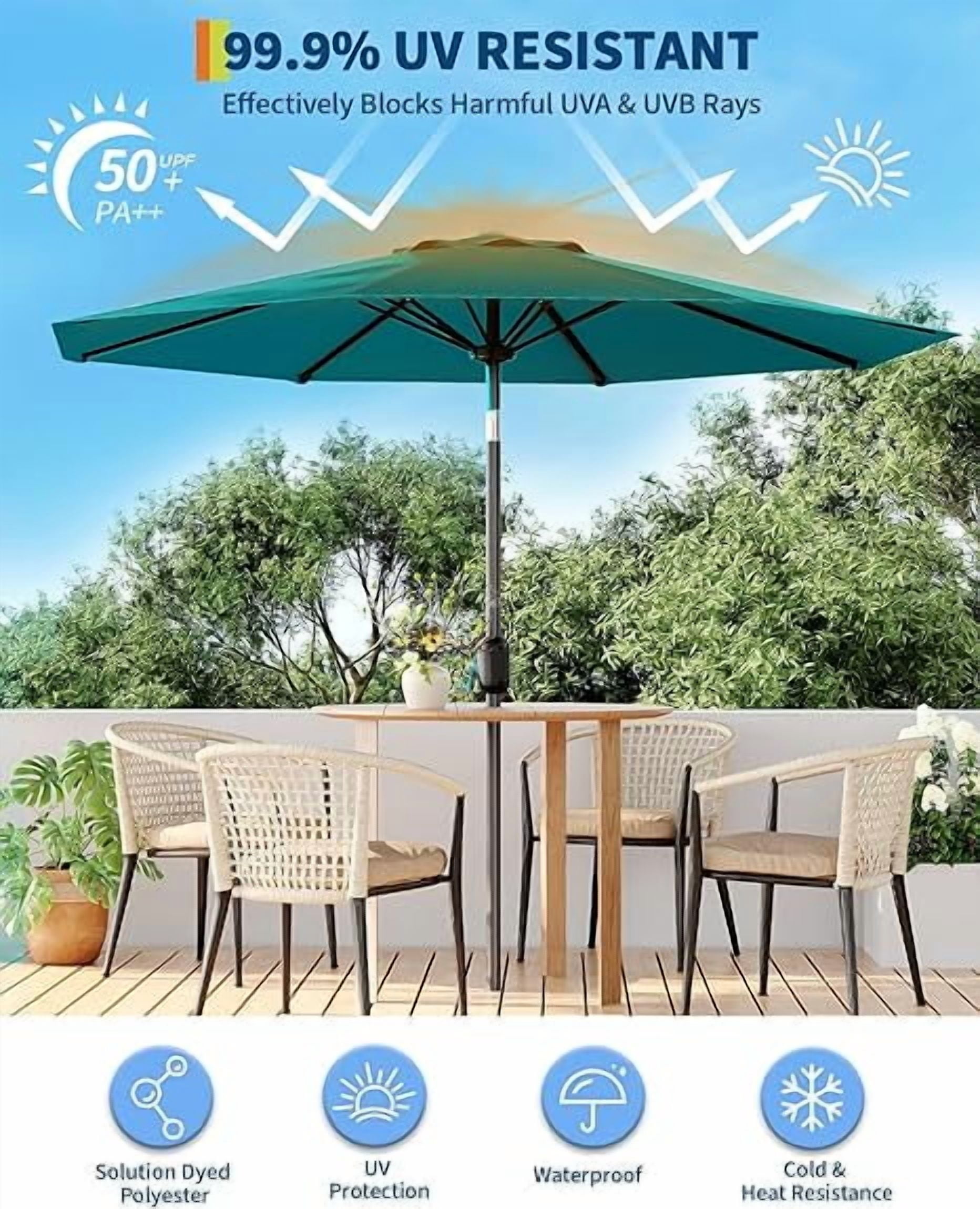10FT Outdoor Patio Umbrella, Outdoor Table Umbrella, Market Umbrella With Push Button Tilt and Crank, 6 Sturdy Ribs UV Protection Waterproof for Garden, Deck, Backyard, Pool,Turquoise Blue
