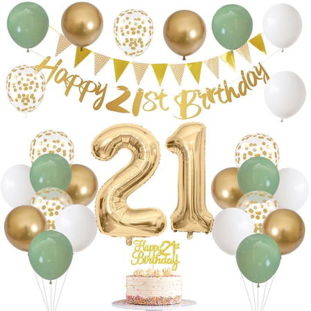 21st Birthday Decorations for Him Her, Happy Banner With Cake Topper Number 21 Foil Balloon, Sage Green White Gold Balloons for Men Women