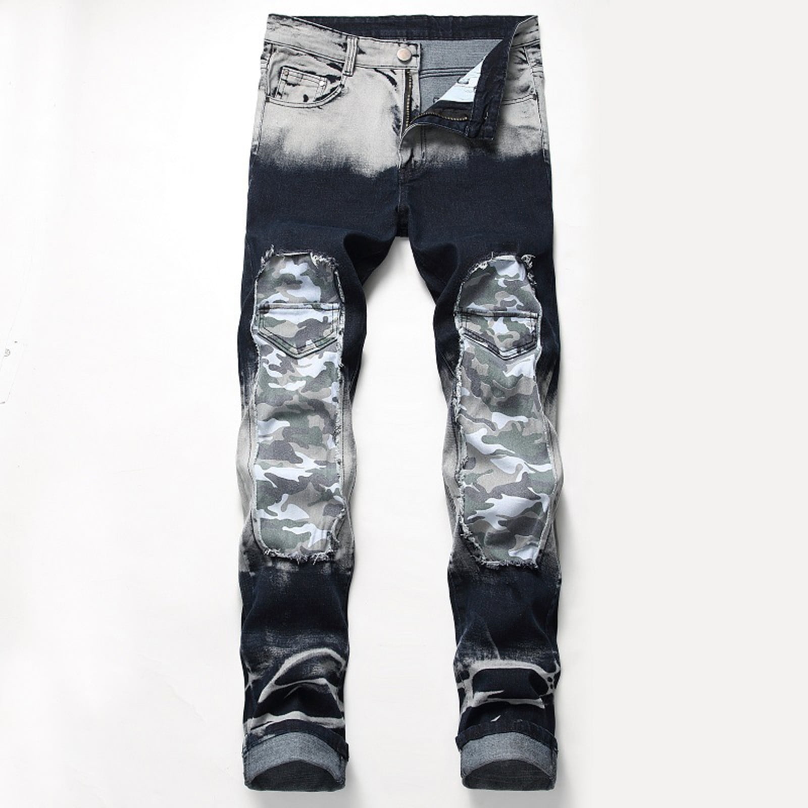Men's Slim Fit Patchwork Jeans Hip Hop Straight with Zip Cargo Denim Pants  (Black-red,29,29) at  Men's Clothing store