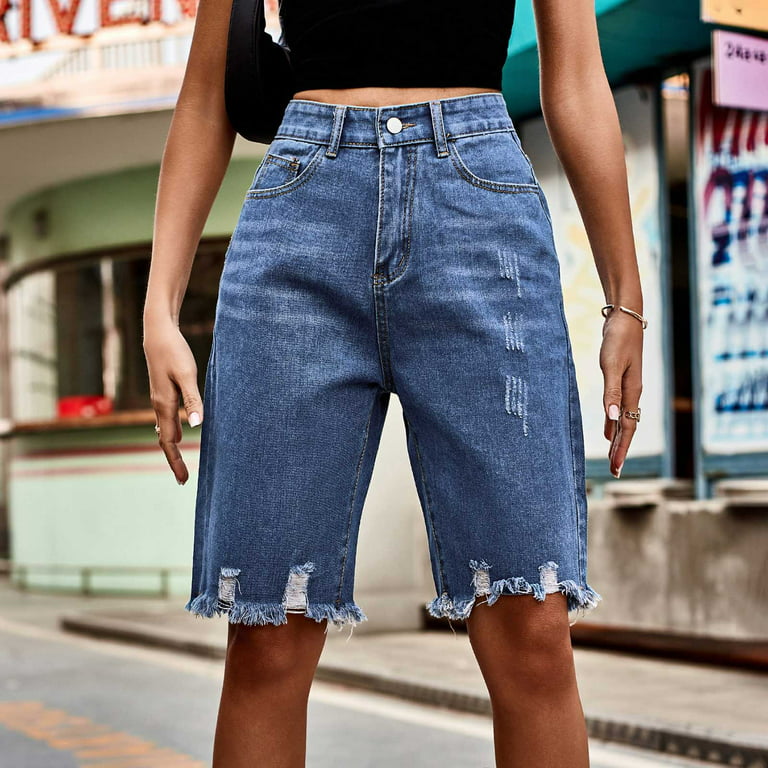 Plus Size Women Elastic Hole Leggings Short Pants Harajuku Style Denim  Shorts Ripped Boyfriend Jeans