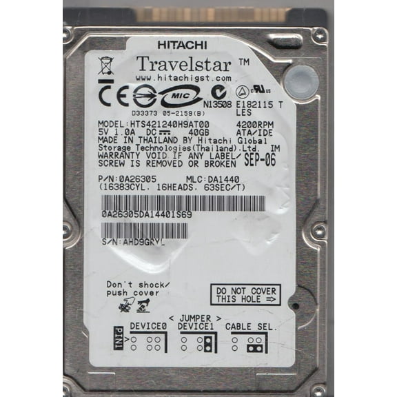 HTS421240H9AT00, PN 0A26305, MLC DA1440, Hitachi 40GB IDE 2.5 Hard Drive