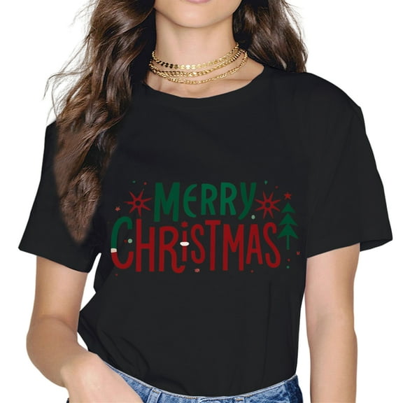 Womens Christmas Merry Cute Women's Graphic Simple Text T-Shirt