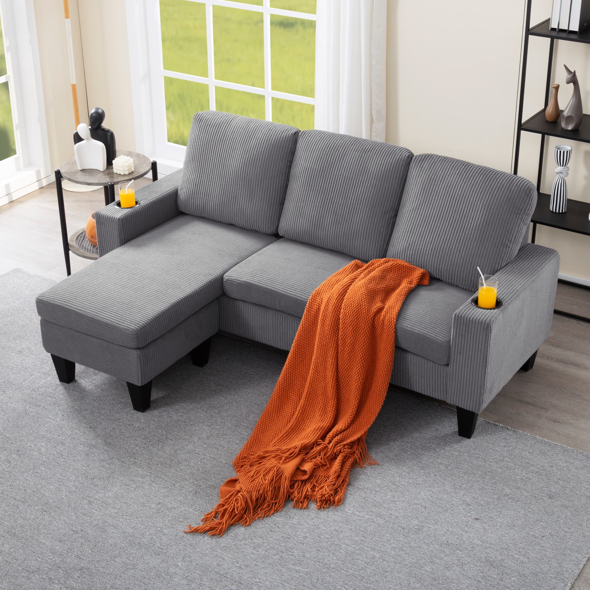 Gewnee Light Grey 69.88” L-Shaped Sofa, Corduroy Reversible Ottoman with Cup Holders for Home/Office