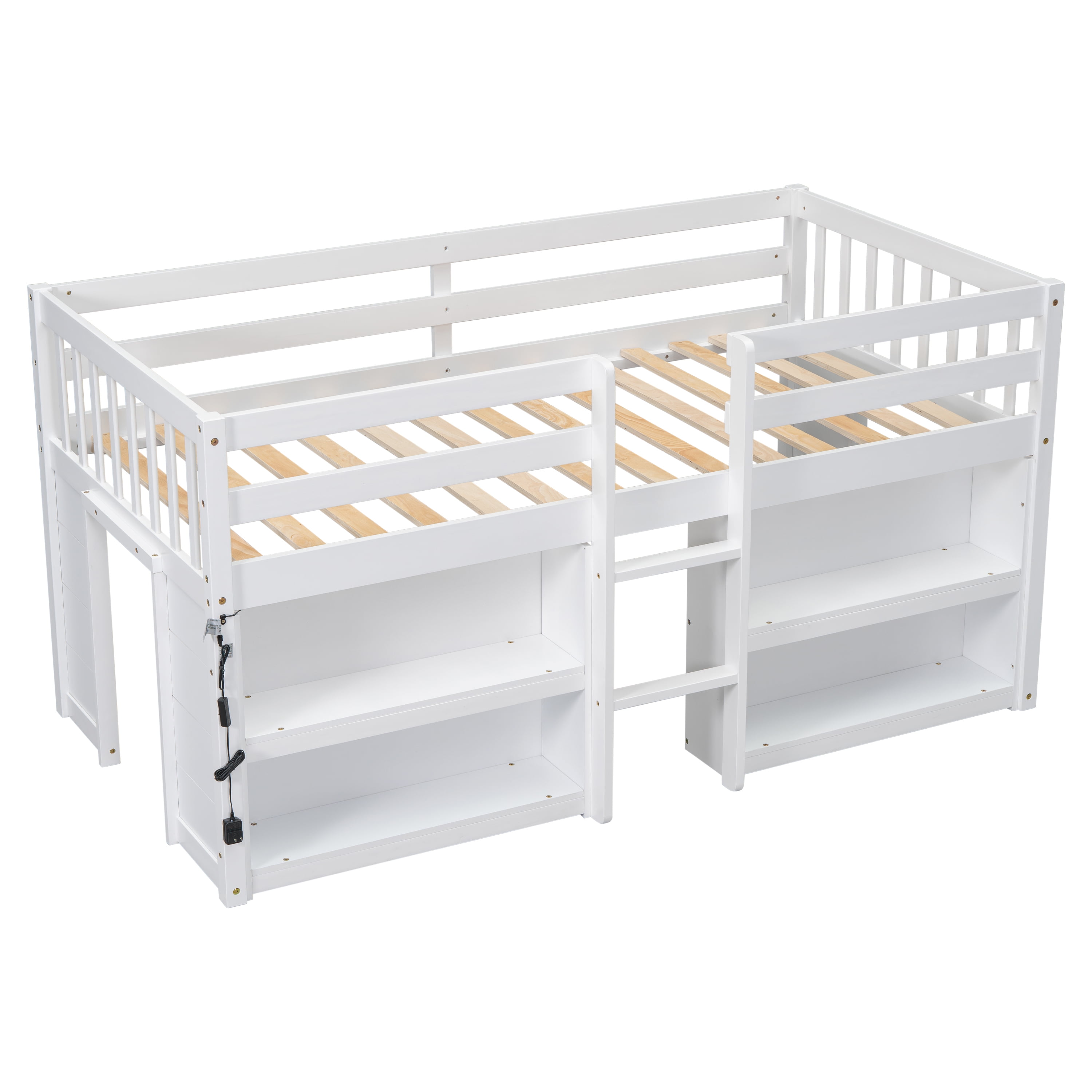 Miniyam Wood Twin Size Loft Bed with LED Light & Shelves for Kids and Teens, White
