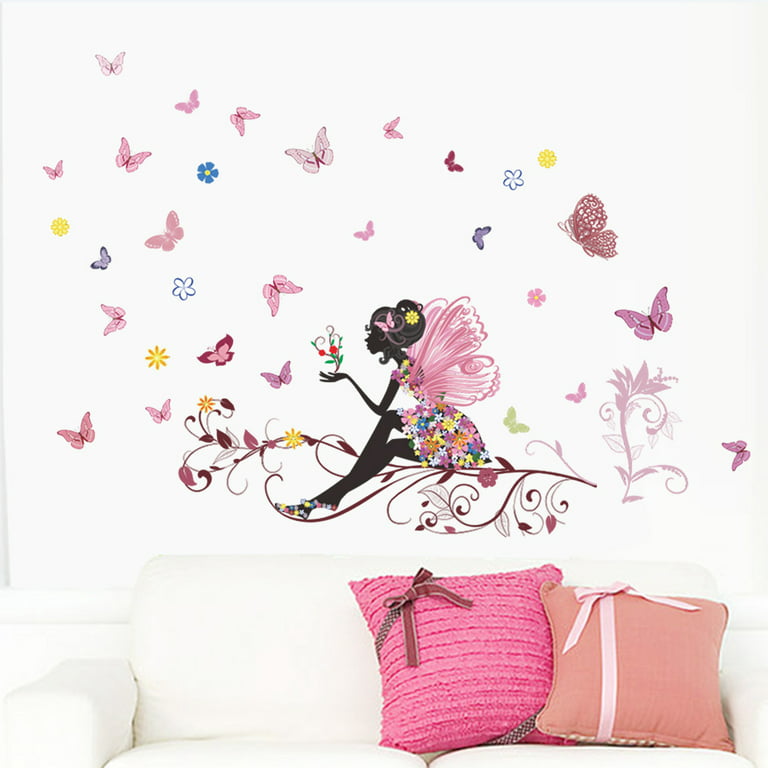 Butterfly Girl Wall Stickers Flower Fairy Wall Decal Pink Floral Wall Mural  Colorful Butterflies Wall Decor DIY Removable Vinyl Wall Art for Girls