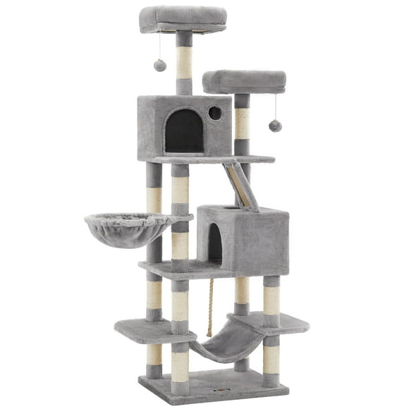 Feandrea Cat Tree, 66.1-Inch Large Cat Tower with 13 Scratching Posts, 2 Perches, 2 Caves, Basket, Hammock, Pompoms, Multi-Level Plush Cat Condo for Indoor Cats, Light Gray