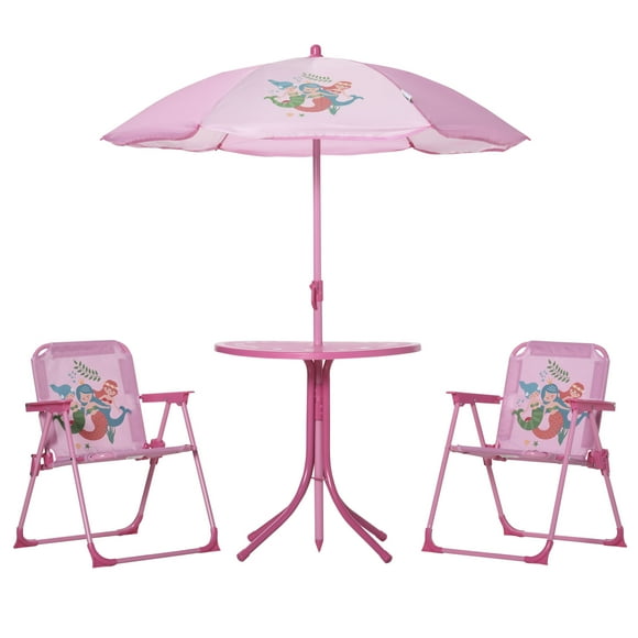 Outsunny Kids Folding Picnic Table and Chair Set Pattern Outdoor Garden Patio Backyard with Removable & Height Adjustable Sun Umbrella Pink