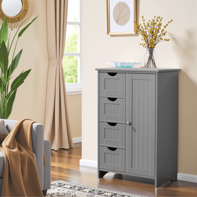 Lacoo Bathroom Storage Cabinet with 4 Drawers, Side Storage Organizer with 1 Cupboard and 2 Shelves Freestanding Cabinet, Gray