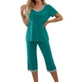 thumbnail image 1 of Summer Savings! Zanvin Womens High Waisted Linen Capris Pants, Women's Short Sleeve V-Neck Top Cropped Pants Print Suit, Quickly Dried, Soft and Breathable, Green, M, 1 of 8