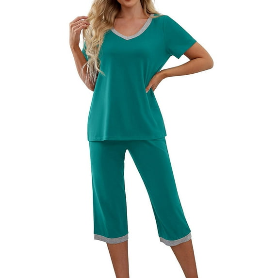 Summer Savings! Zanvin Womens High Waisted Linen Capris Pants, Women's Short Sleeve V-Neck Top Cropped Pants Print Suit, Quickly Dried, Soft and Breathable, Green, M