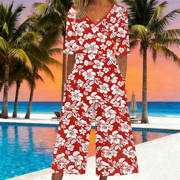 YTCAMLO Short Sleeve Rompers for Women Summer Beach Fashion Baggy Boho Printing One Piece Jumpsuits Wide Leg Summer Outfits, Red S