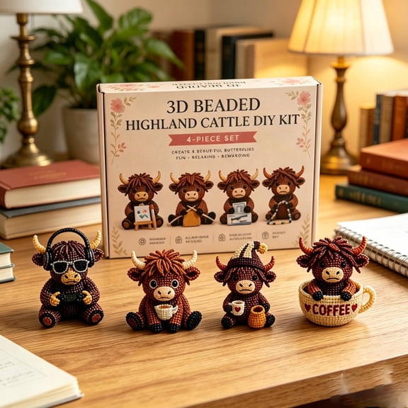 3D Highland Cow DIY Bead Kit, 4 Adorable Handmade Cow Designs Craft Set,Beginner Friendly Bead Art Project for Adults,Perfect as Home Decor or Unique Gift for Cow Lovers(A)