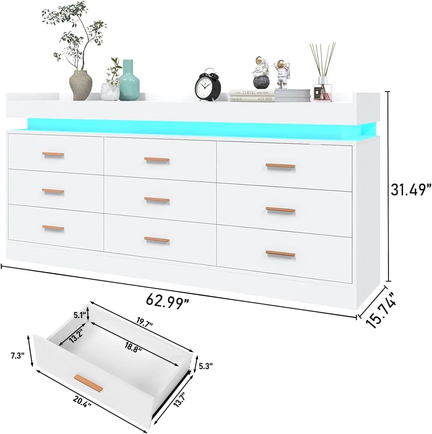 ChVans White Dresser with LED Light and Charging Station, Modern Wood Dresser with Wide Drawers and Metal Handles, 9 drawer dresser for Bedroom, Living Room, Entryway, Hallway