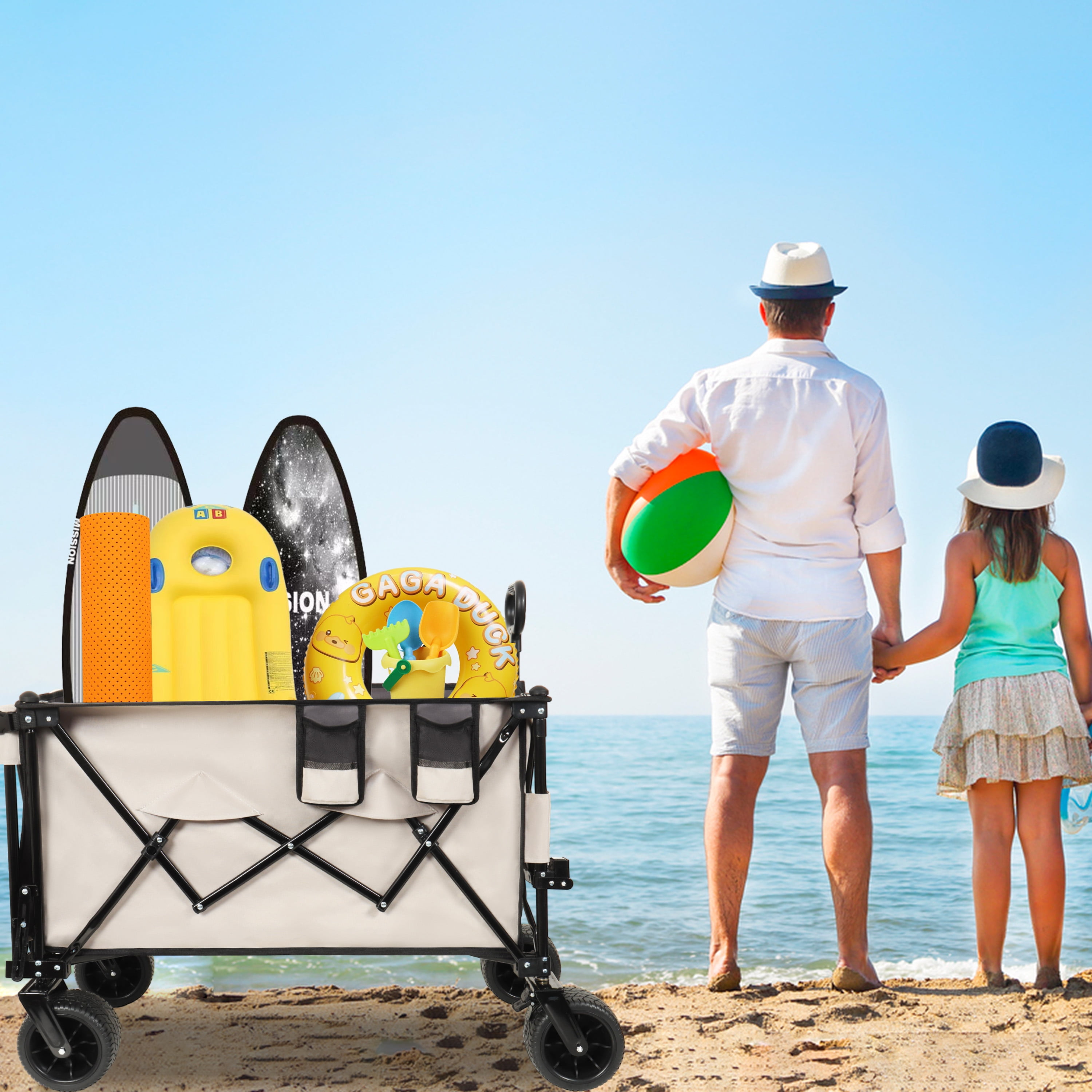 Yoneston 480LBS Collapsible Wagon Cart with Extended Tailgate, Portable Adjustable Designed Heavy Duty Extender Wagon for Camping, Picinc, Shopping, Beach, Grocery Transport, Gray