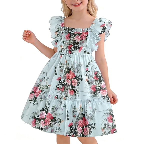 DAETIROS Girls Blue Floral Summer Dress Ruffle Sleeve Square Neck Tiered Casual Party Soft Dress for Kids Ages 4-12,Size 7-8 T