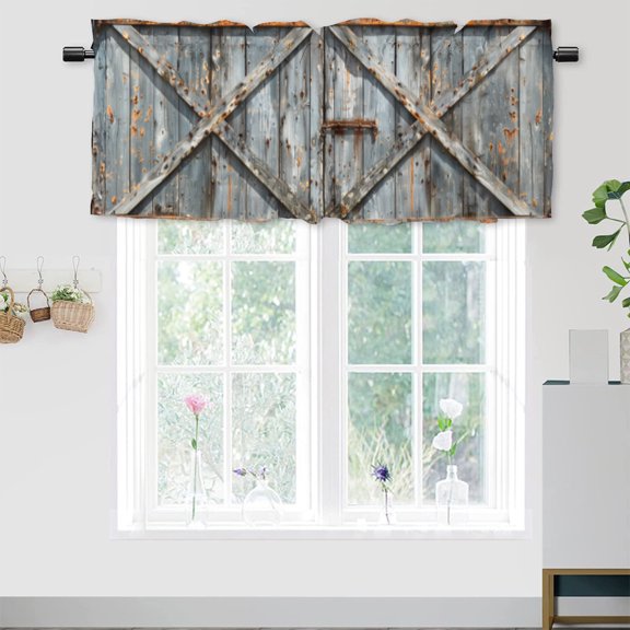 Rustic Wooden Barn Door Printed Window Curtains Valances Old Farmhouse Country Rod Pocket Window Valance for Living Room Bathroom Bedroom Kitchen 54 by 18 in, 1 Panel