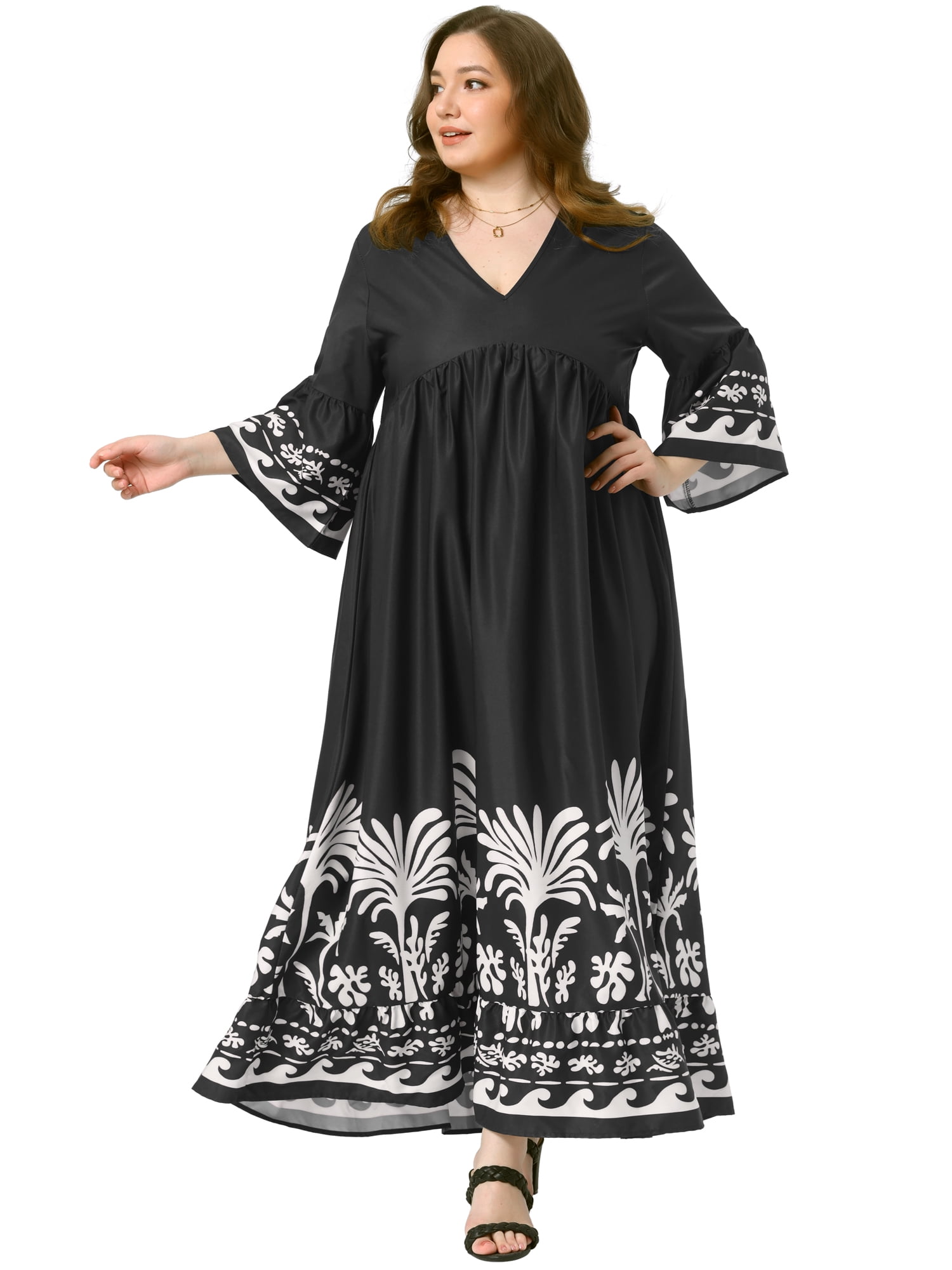 DARING DIVA Plus Size Maxi V Neck Babydoll 3/4 Flare Sleeve Dress 1X Black