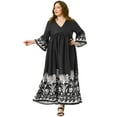 thumbnail image 3 of DARING DIVA Plus Size Maxi V Neck Babydoll 3/4 Flare Sleeve Dress 1X Black, 3 of 5