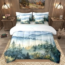 Homewish Natural Landscape 7 Pieces Bedding Comforter Set,Tropical Pine Tree Full Bedding Set,Green Blue Fitted Sheet Flat Sheet For Adult,Microfiber Bedroom Decor Reversible