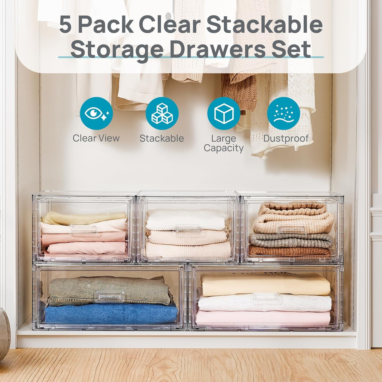 NIUMU 5 Pack Large & Medium Stackable Drawer Organizer Set, 108QT Easy Assembly Clear Plastic Storage Cabinet, Durable Dresser for Closet, Bedroom, Entryway, Playroom & Apartment Organization