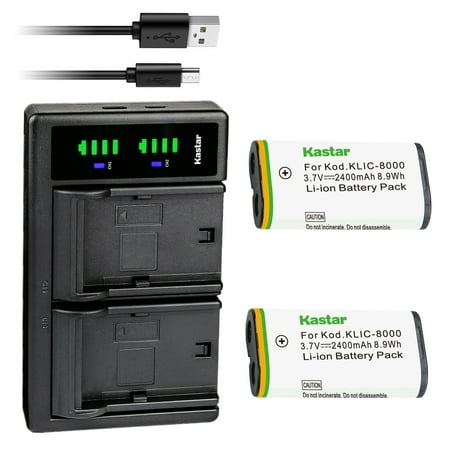 Image of Kastar 2-Pack KLIC-8000 Battery and LTD2 USB Charger Replacement for Kodak Z885 Z1012 IS Z1015 IS Z1085 IS Z1485 IS Z612 IS Z712 IS Z812 IS Z8612 IS Pocket Video Camera ZX1 Digital Camera
