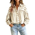 thumbnail image 3 of Button down Shirts for Women Dressy Striped Long Sleeve Blouse Fashion Casual Daily Tops by Yigetop Khaki 2XL, 3 of 6