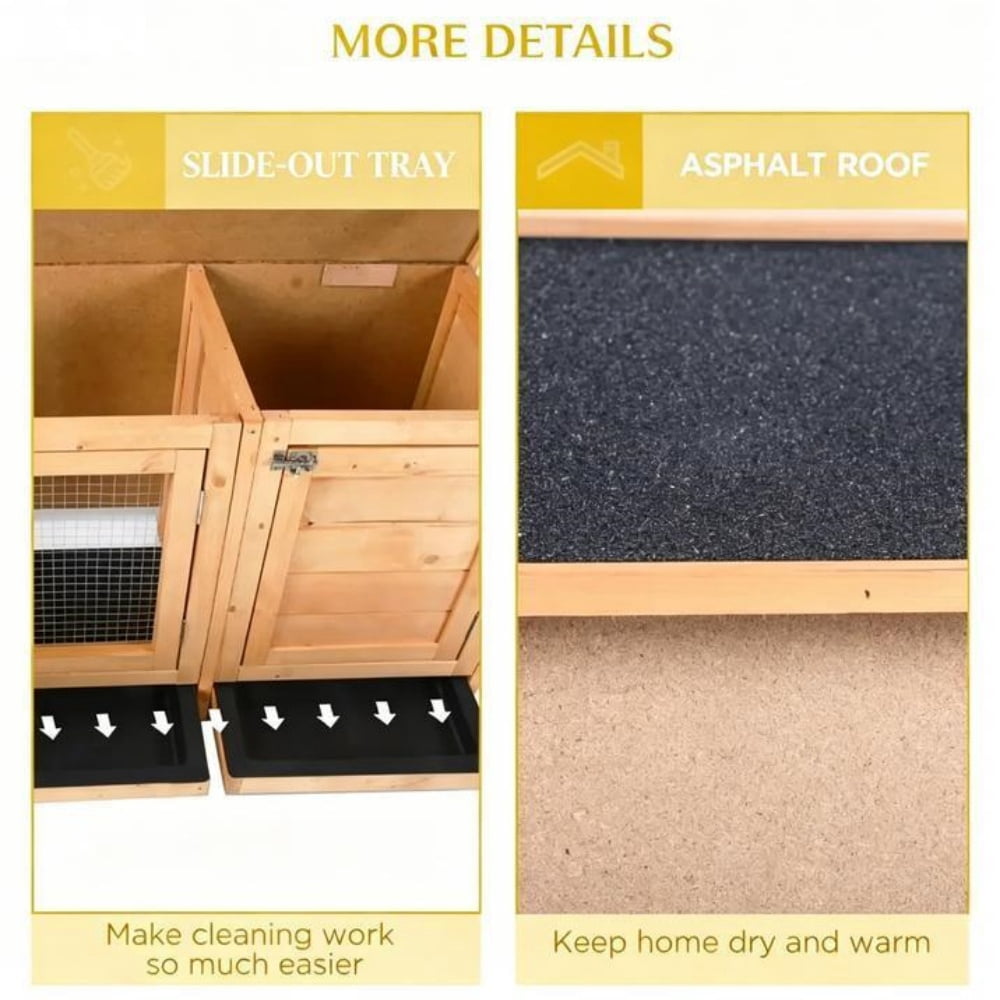 Outdoor 2-Room Fir Wood Rabbit Hutch, Weatherproof Asphalt Roof Small Animal Cage with Pull Out Trays, Predator Resistant Steel Wire Bunny House for Rabbits Guinea Pigs Backyard Patio Use