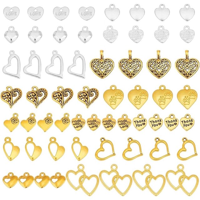 150 piezas de dijes de corazón de 15 estilos, colgantes de corazón de aleación, estilo tibetano, dijes de agradecimiento