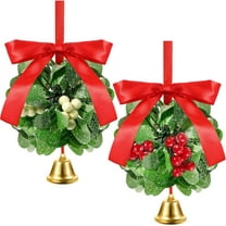 2PCS Hanging Mistletoe Ball Christmas Tree Ornament Mistletoe Decoration for Doorway Mistletoe Kissing Ball Artificial Mistletoe Decor with Bows Berries & Bells