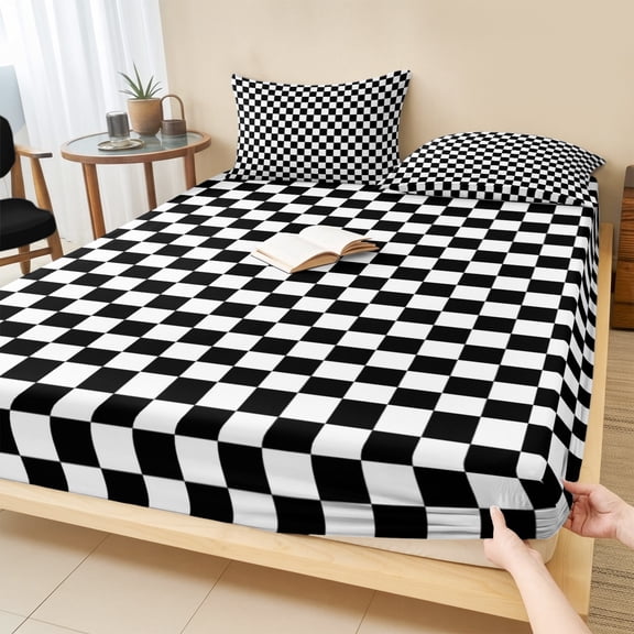 King Size Fitted Sheet Set - Black White Plaid 3 Piece Bedding Sets 16" Deep Pocket Fitted Sheet with 2 Pillowcases, Modern Buffalo Check Gingham Art Brushed Microfiber Hotel Luxury Bed Sheets