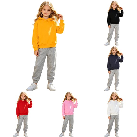 Rhuody Girls Outfits Long Sleeve Matching Set Solid Color O Neck Hoodies Pants Cute 4-5 Years Toddler Daily Wear Yellow