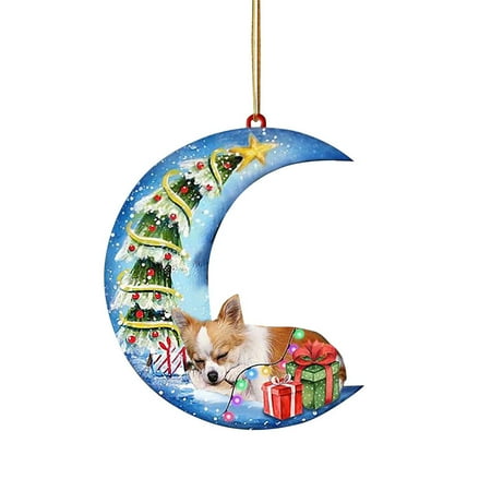 

Christmas Tree Hangings Acrylic Ornaments for Christmas Handmade Pet Dog Sit on the Moon Hangings Pendant Decoration Christmas Gift for Windows Door