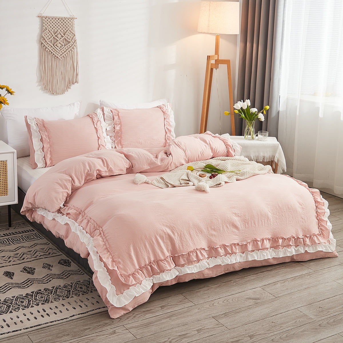 100% Washed Cotton Pink and White Ruffled Duvet Cover Set Twin Size with Zipper Closure & Corner Ties